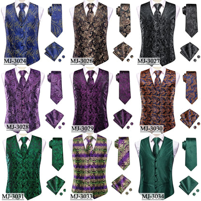 Wedding Coral Pink Mens Vest Silk Tie Set Adjustable Jacquard Waistcoat Jacket Necktie Hanky Cufflinks Formal Party Gifts
