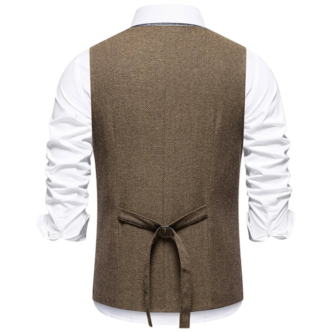 Men Vest Brown Herringbone Single Button V Neck Waistcoat For Wedding Banquet Office Business Work Casual Daily Men Suit Vest