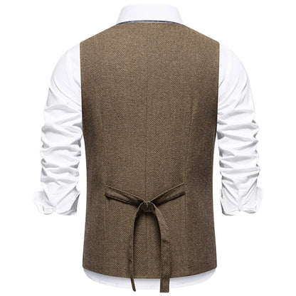 Men Vest Brown Herringbone Single Button V Neck Waistcoat For Wedding Banquet Office Business Work Casual Daily Men Suit Vest