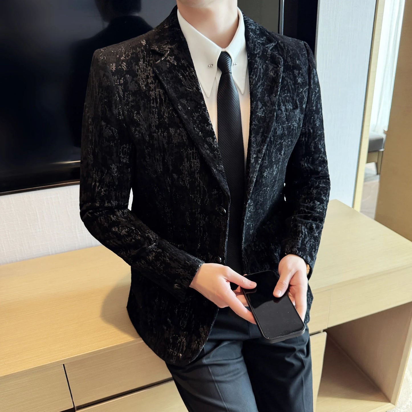 High Quality Plush Jacquard fashion Suit Jacket  Korean Version Slim Fit Business Retro Casual Social Wedding Suit Blazer 5XL-M