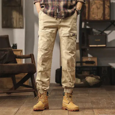 Cotton Men's Cargo Pants Elastic Waist Stretch Trouser Male Multi Pocket Casual Jogger Fit Ankle Length Zipper Purple Drawstring
