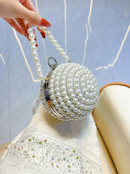 Round Pearl Clutch Purse Handbag Luxury Elegant Evening Bag Ring Handle For Women Bride Bridesmaid Wedding Party Handbag Purses