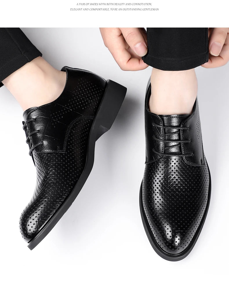 Men Spring Summer Hollow Out Breathable Elevator Shoes 6cm Hidden Height Increasing Business Formal Dress Office Wedding Shoes
