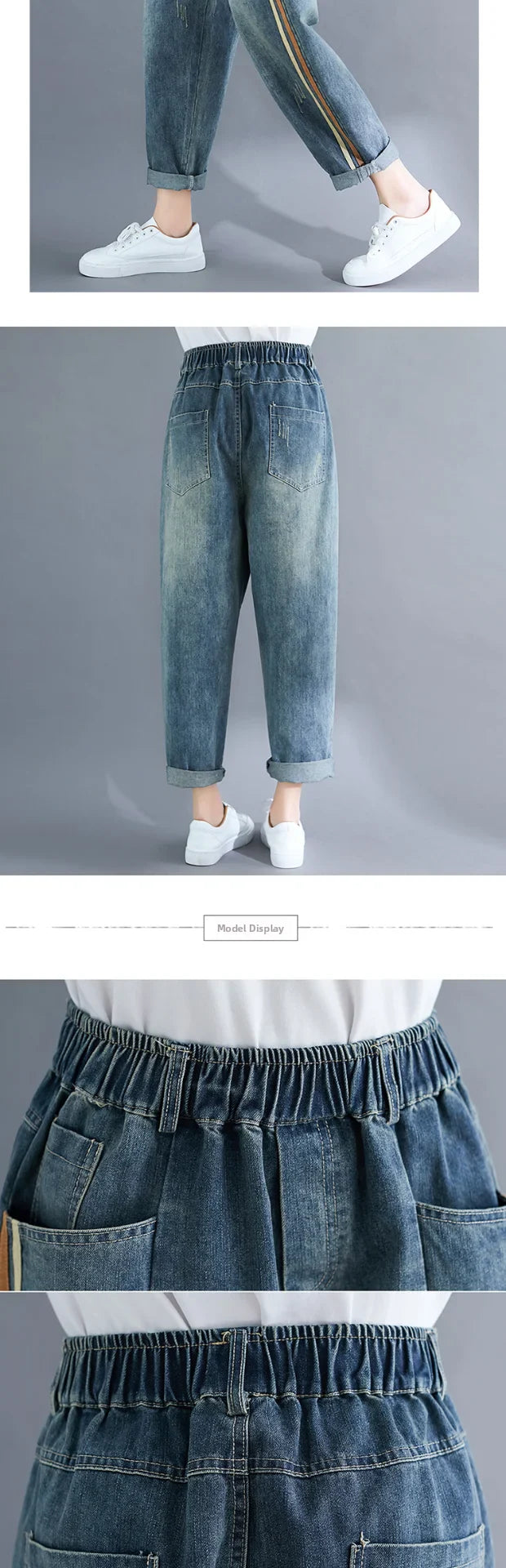 Large Size Artistic Faded Denim Jeans Women's Side Stripe Harlan Long Pants Spring Faion High Waist Regular Thin