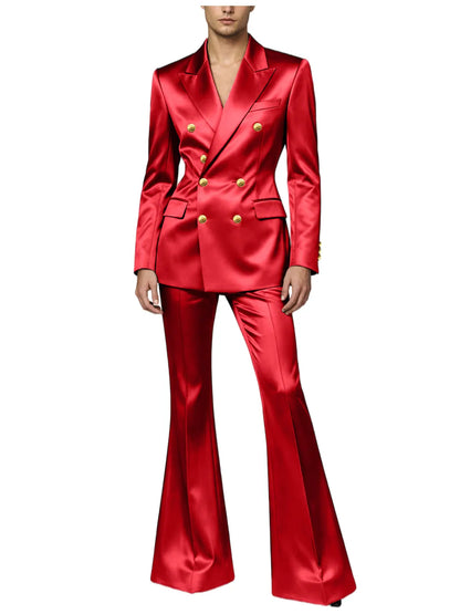 Men's Double Breasted Satin Suit Set 2 Piece Notch Lapel Gold Button Blazer Flare Pants Formal Wedding Prom Party Groom Outfit