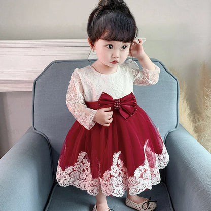 Long Sleeve Baby Girls Dress Newborn White Baptism Tulle Party Wedding 1st Birthday Princess Dresses Infant Girls Bow Prom Gown