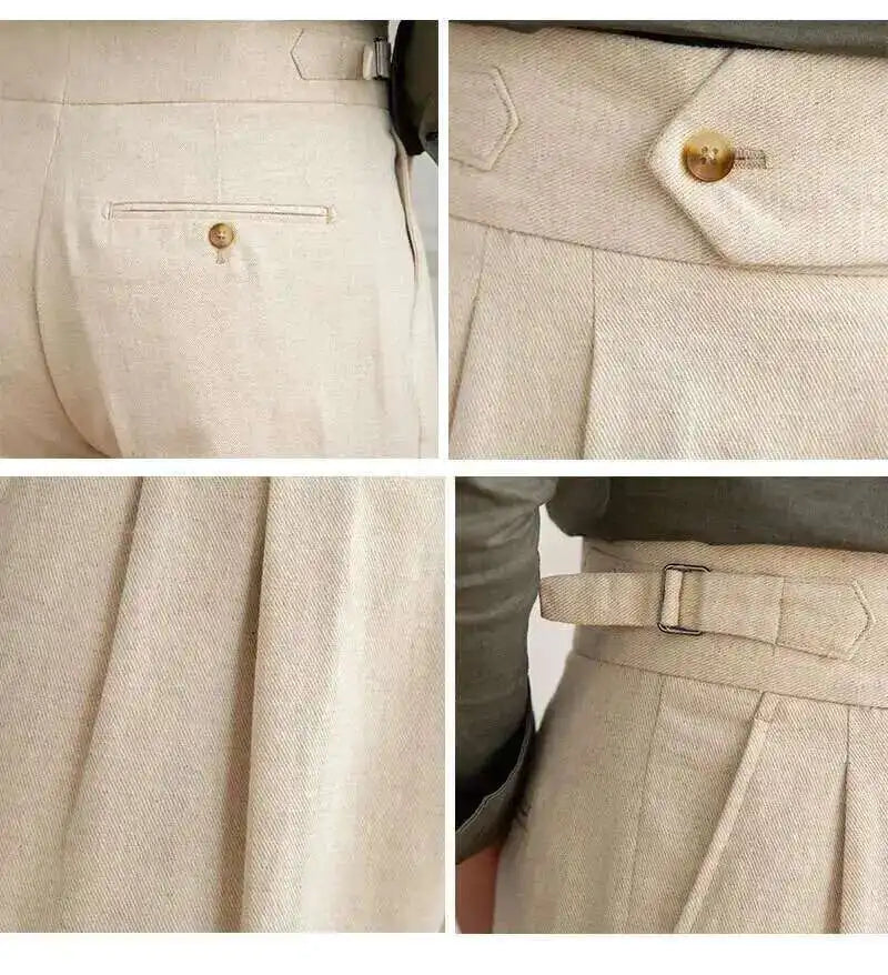 Linen Cotton High Waist Straight Casual Pants Men Versatile Naples Gentleman Pleated Pants High Quality Italian Dress Trousers