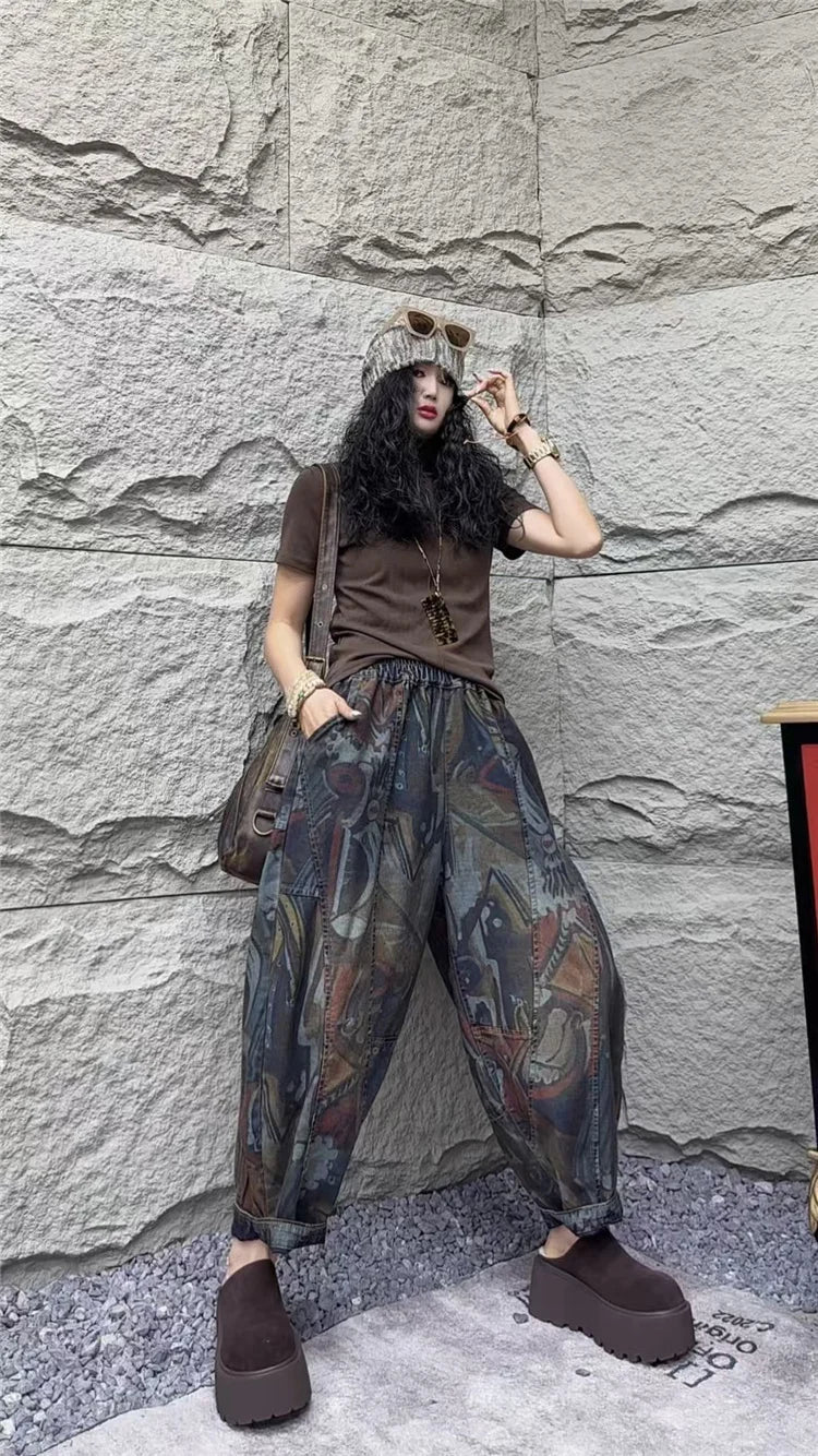 Fashion Loose Printed Vintage Womens Spring Denim Pants Patchwork Jeans Ladies Classic Casual Punk Wide Leg Trousers