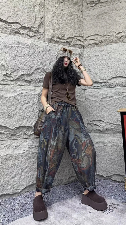 Fashion Loose Printed Vintage Womens Spring Denim Pants Patchwork Jeans Ladies Classic Casual Punk Wide Leg Trousers
