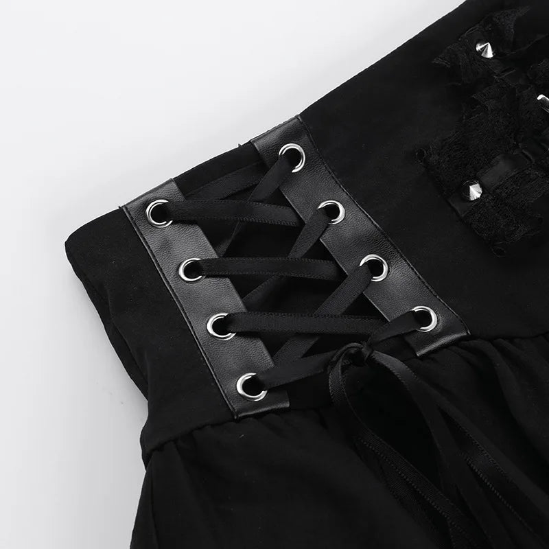 Punk Cross Patchwork Pleated Skirts Mall Gothic Techwear Bottoms Grunge Aesthetic Women Bandage Mini Skirt Alt Clothes
