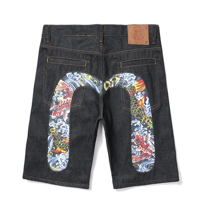Men Embroidery Denim Shorts Black Hiphop Jeans Pants Cherry Blossom Dragon Totem Washed Zipper Cotton Summer cherry blossoms 024