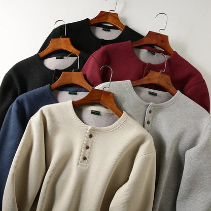 Men's Fleece - Lined Thickened Long - Sleeved Henley Neck Waffle Knit T - Shirt