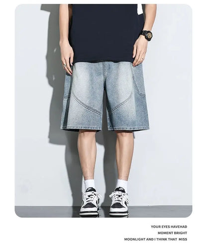 Summer New Baggy Denim Shorts Fashion Casual Straight Harajuku Jeans Male Vintage Wash Drawstring Short Pants Streetwear