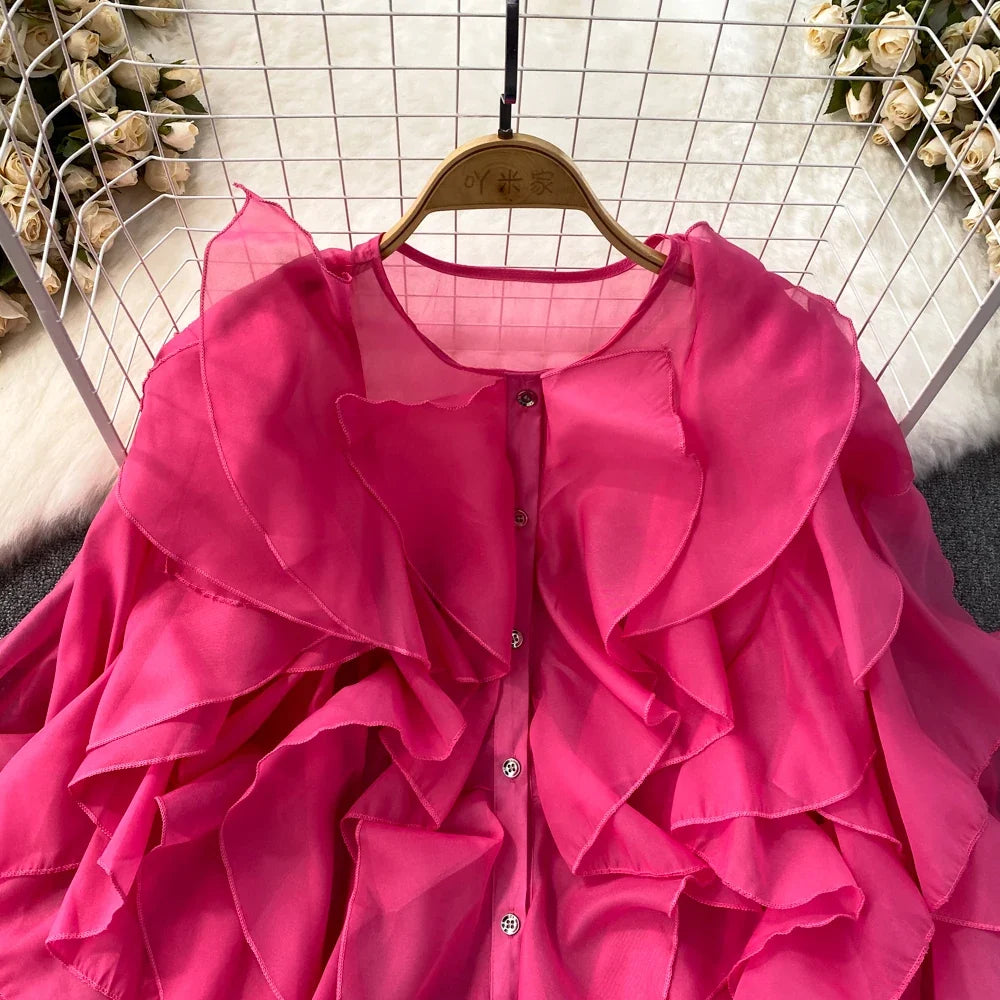 Autumn Blouse for Women Fashion O-neck Long Puff Sleeve Flounced Edge Shirts French Chic Versatile Female Tops Dropshipping