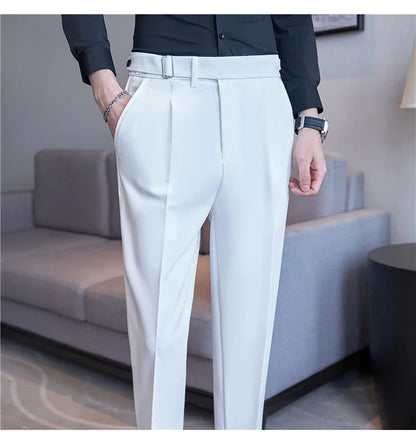 2026 Texture Naples Men's Solid Color Casual Pants Fashion Belt Design Slim Fit Suit Pants Formal Wear Wedding Social Trousers