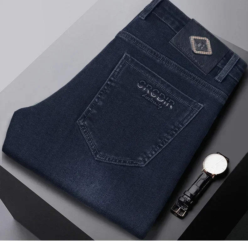 Men's Thicken Fleece Straight Jeans Winter Business Casual Stretch Denim Pants Warm Plush Brand Trousers Pans Male Classic