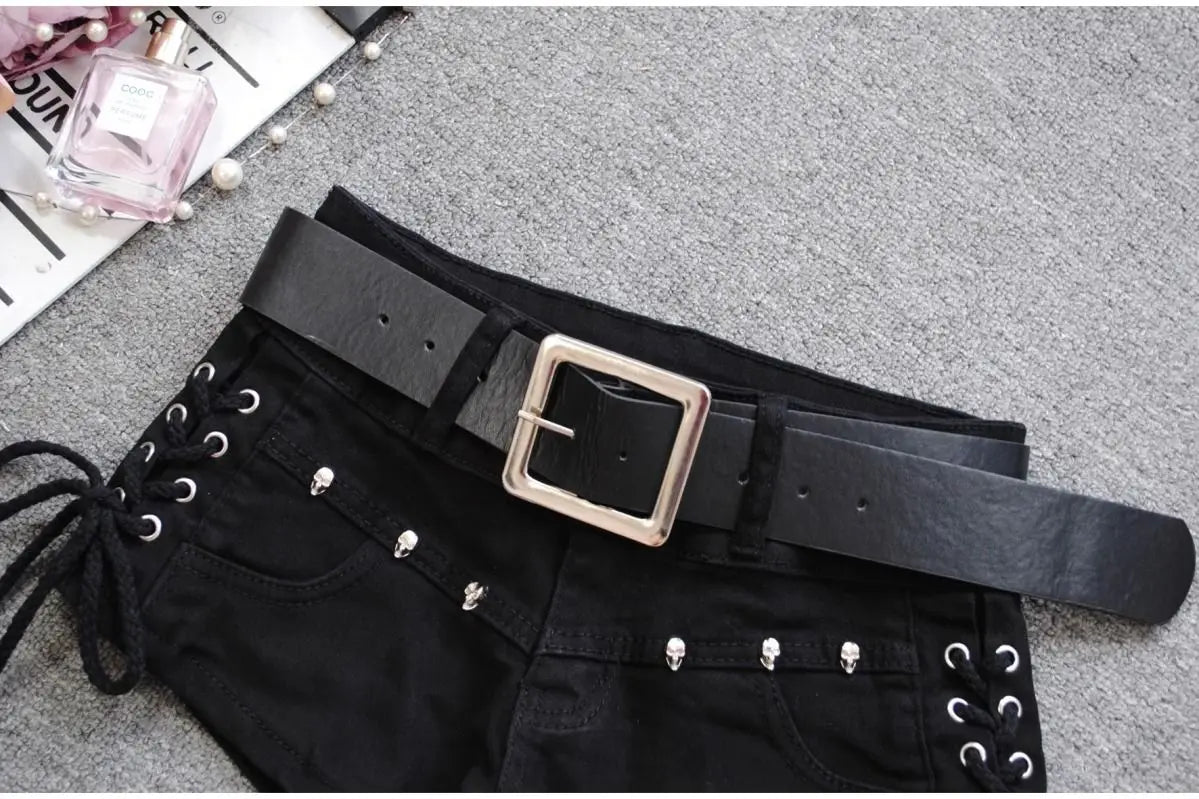 Korean Low Rise Denim Shorts 2024 - Riveted Lace Up Bodycon Black Hot Pants Vintage Cheeky Booty Summer TikTok Y2K Outfit