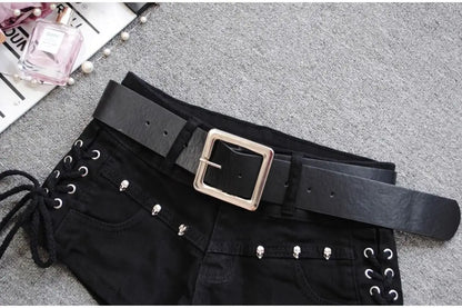Korean Low Rise Denim Shorts 2024 - Riveted Lace Up Bodycon Black Hot Pants Vintage Cheeky Booty Summer TikTok Y2K Outfit