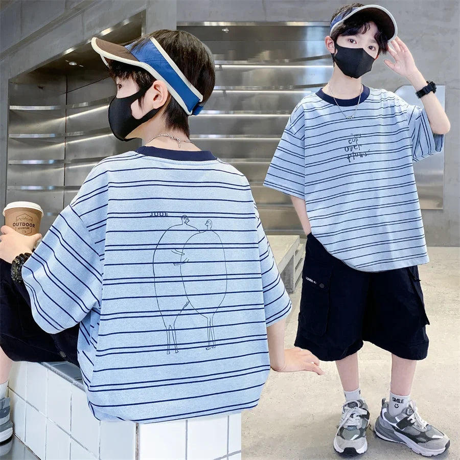 2026 Kids Top and Bottom Clothes Summer Set For Tweens Boys Casual Striped Tracksuit Outfit Children Cargo Clothing 2PCS Suit
