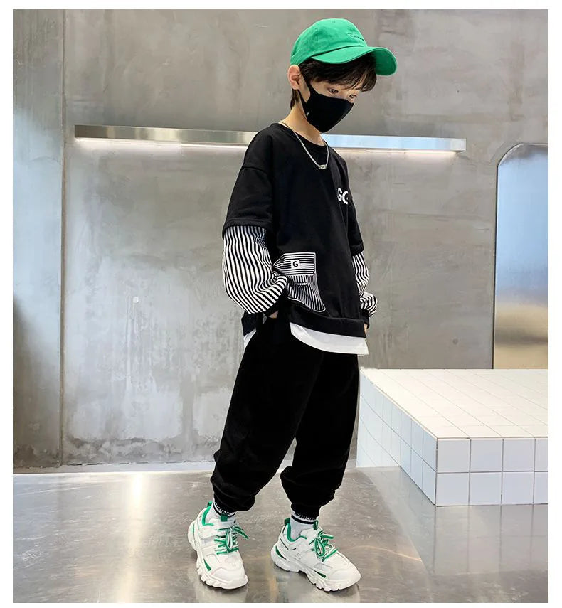 Spring Autumn Girls Boys Striped Patchwork Workout Sweatshirt+Sweatpant Set School Kid 2PCS Tracksuit Child Jogger Outfit 3-14Yr
