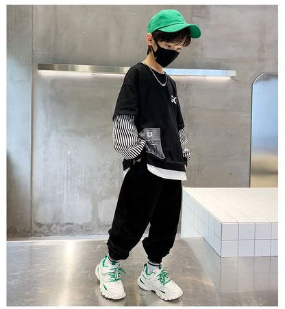 Spring Autumn Girls Boys Striped Patchwork Workout Sweatshirt+Sweatpant Set School Kid 2PCS Tracksuit Child Jogger Outfit 3-14Yr