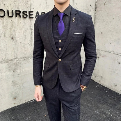 High Quality Slim-fit Men's Three-piece Suit with Vest And Trousers - Double Buckle Wedding Art Fabric Tough Man Suit