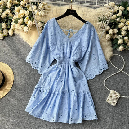White/Purple/Blue V Neck Summer New Lace Embroidery Dress Women Short Sleeves Dresses Female Vintage Party Beach Midi Dresses