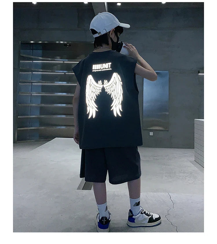 Kids New Summer Tracksuit for Boy Cotton Tank Top Set Children Wing Reflective Clothing Set Shorts and Vest 2 Pieces Outfit 5-14