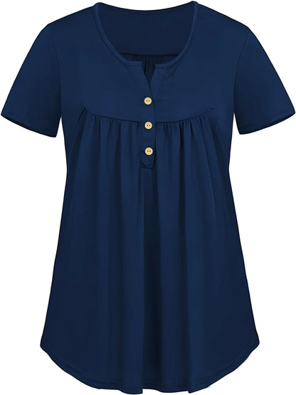 Solid Color Button Front Tee, Casual Fashion Short Sleeve Scoop Neck T-shirt for Summer