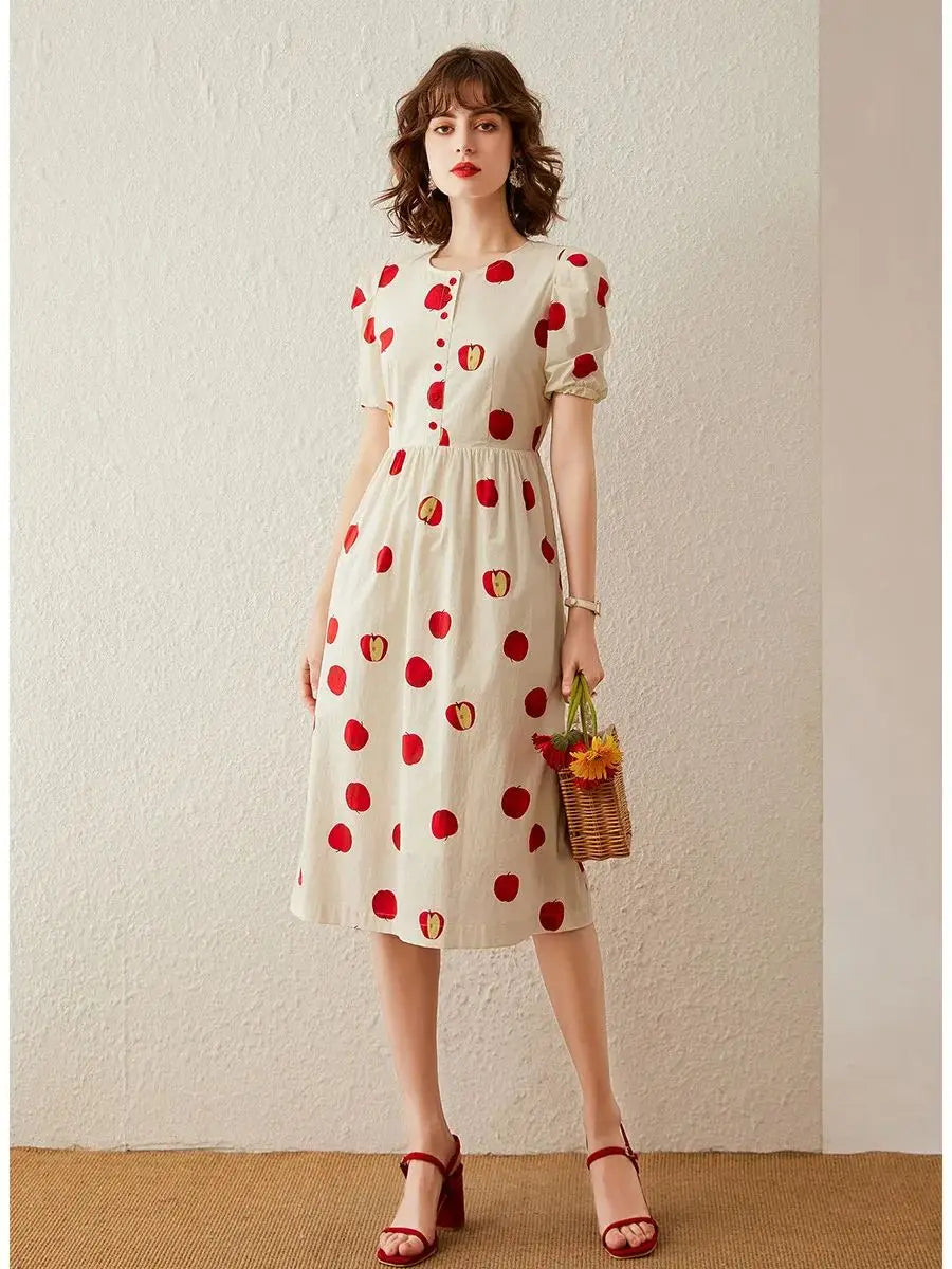 Women Dress 2024 Summer New Elegant Print Apple Round Neck Short Sleeve High Waist Puff Sleeve A-line Long Dress