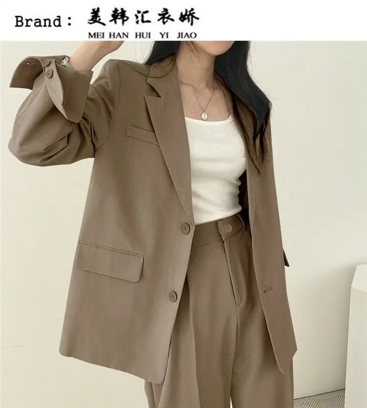Casual Notch Lapel Suit Set with Button Thick Wide Leg Small Suit Pants High Waist Drape Polyester Business Lady Style Women