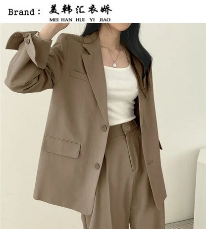 Casual Notch Lapel Suit Set with Button Thick Wide Leg Small Suit Pants High Waist Drape Polyester Business Lady Style Women