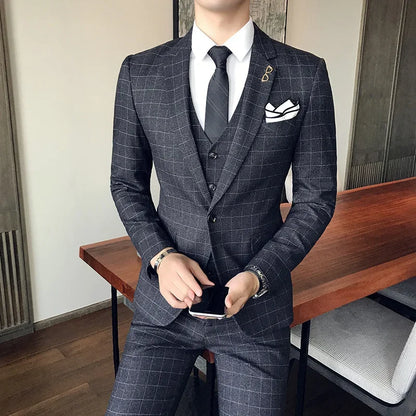 Blue Men Classic Striped/Checked Suits, Asian Size Slim Fit Business Office 3-Piece Sets, Black/Gray and Red Available.