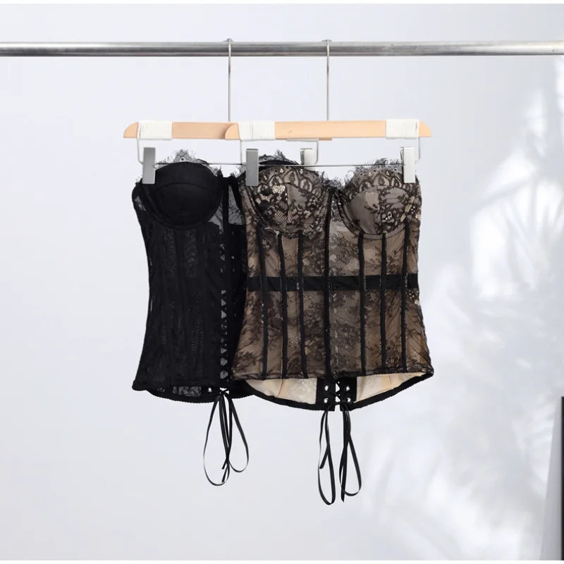 Sexy Women Sheer Lace Corset Top Bodycon Strapless Boned Bustier Sleeveless Back Lace-up Outfit 2026 New Fashion Party Clubwear