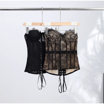 Sexy Women Sheer Lace Corset Top Bodycon Strapless Boned Bustier Sleeveless Back Lace-up Outfit 2026 New Fashion Party Clubwear