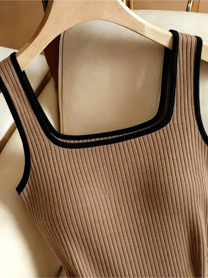 3pcs Women's Ribbed Bodysuit Set Fashionable Black Piped Square Neck Waist-Cinching Style Summer Nightlife Wear Elegant Beach Ou