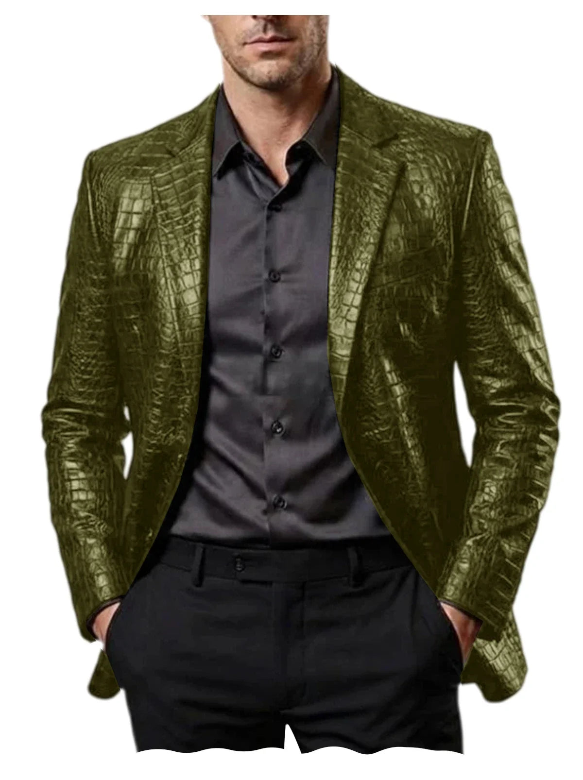 Men Crocodile Texture Leather Blazer Notched Lapel Slim Fit Single Breasted Suit Jacket Nightclub Party Business Outer Coat