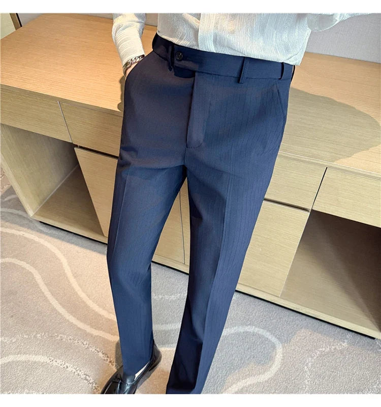 Spring Autumn New Elastic Waist Casual Trousers Male High Waist Dark Striped Slim Fit Pants Men Business Formal Casual Suit Pant
