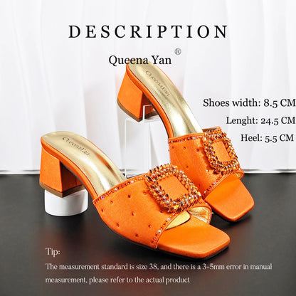 Elegant Itlian Desing Women's Heel Party Shoe and Bag Set Chic Orange Rhinestone Peep-Toe High Heel Sandals Perfect for Weddings