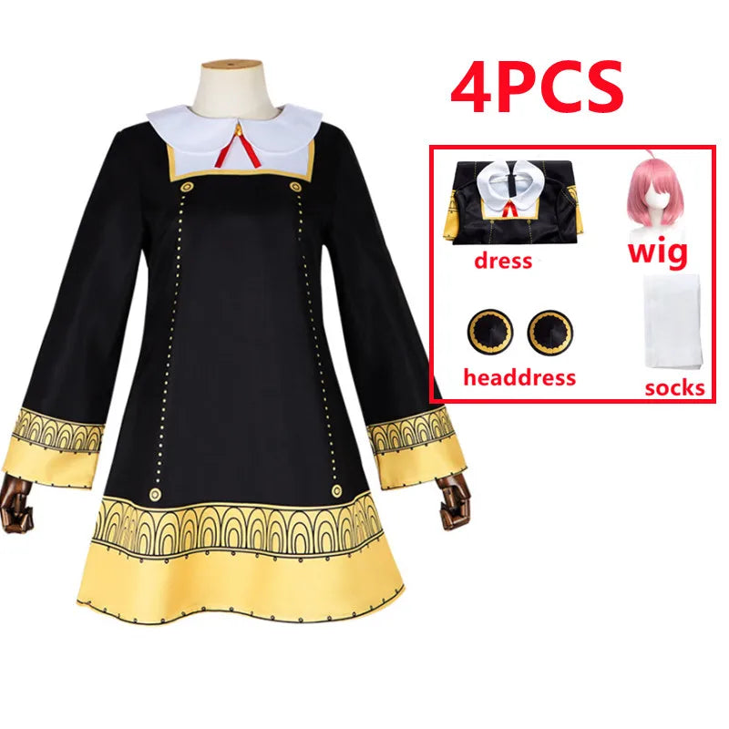 Anime SPY X FAMILY Anya Forger Cosplay Costume Black Dress Uniform Child Girls Pink Wig Stockings Party Role Outfit Adults Kids