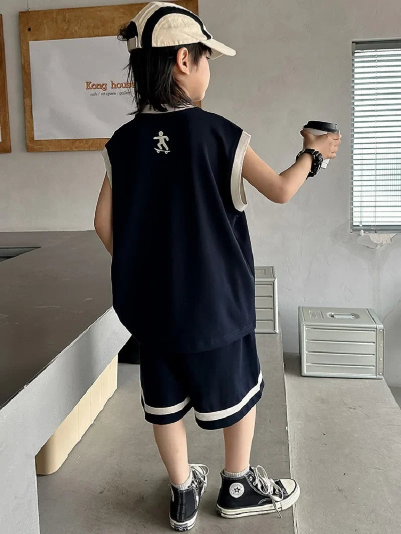 Summer Boys Alphabet Tee Top+Shorts Student Team Jerseys Workout Set School Kids 2PCS Tracksuit Children Jogging Outfit 5-16 Yr