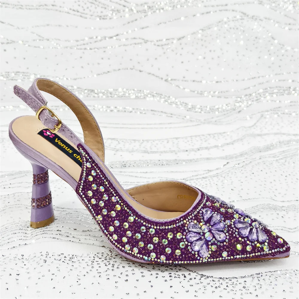 2025 Women's Purple High Heel Party Shoes & Rhinestone Handbag Set - Italian Design for Weddings & Special Occasions