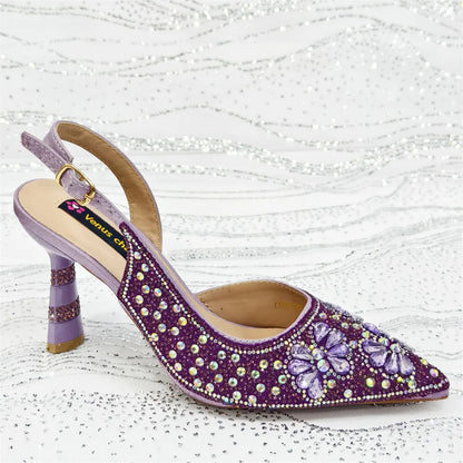 2025 Women's Purple High Heel Party Shoes & Rhinestone Handbag Set - Italian Design for Weddings & Special Occasions