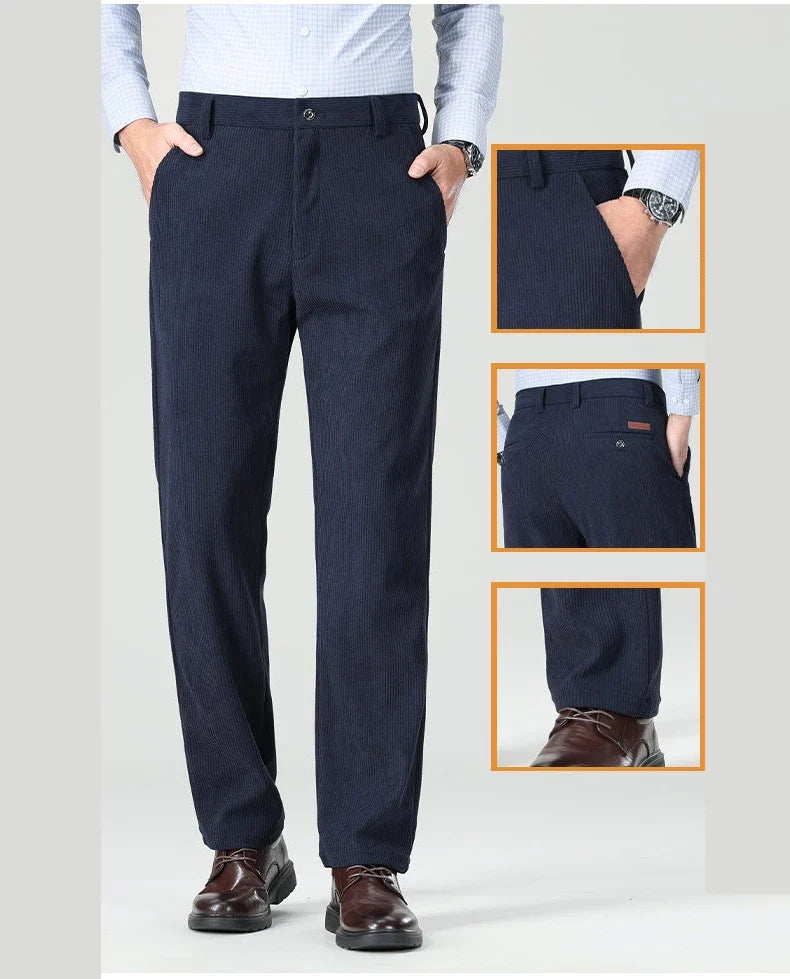 Mens Business Casual Pants Corduroy Suit Pants Autunn Formal Dress Pants Brown Navy Khaki 29-42