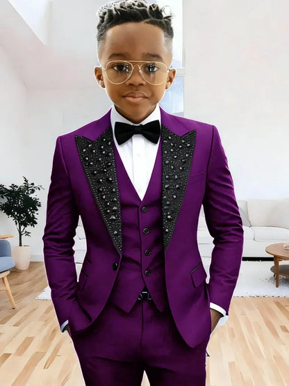 Boys Luxury Beaded Suit Set 3 Pieces For Evening Party High Quality Peak Lapel Suits Piano Performance Wear Elegant Plus Size