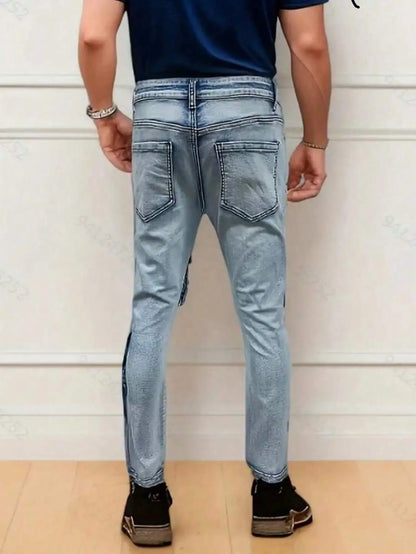 Men’s streetwear, multi pocket vehicle, snug, stretchy, light-colored jeans.