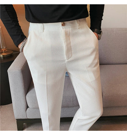 2024 Autumn New Waffle Stretch Waist Business Formal Pants Men Fashion Wedding Slim Trouser Mens Brand Social Party Suit Pants