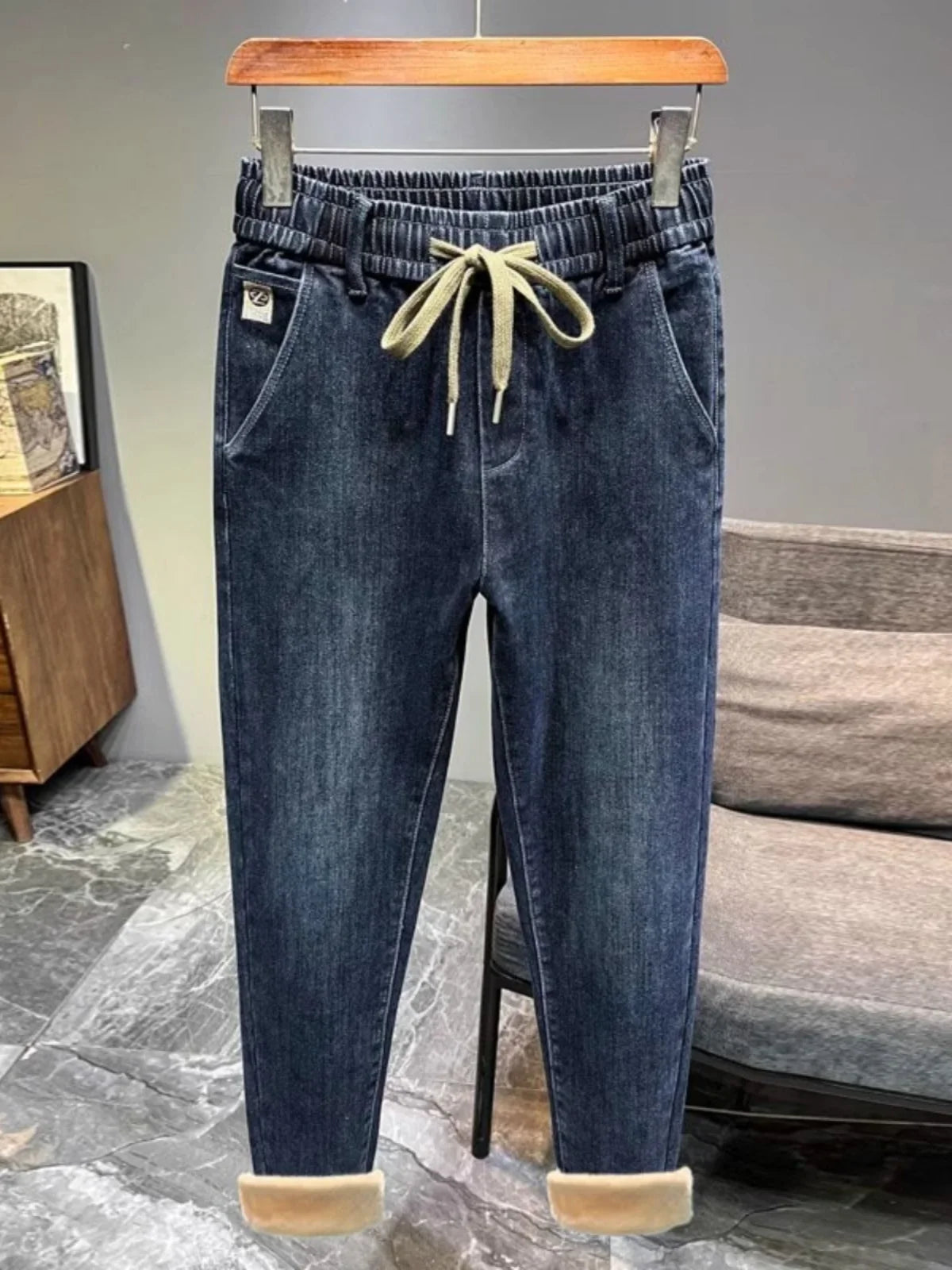 Warm Fleece Lined Elastic Waist Casual Straight Leg Men's Jeans Premium Quality Autumn Winter Thickened Stretch Denim Pants