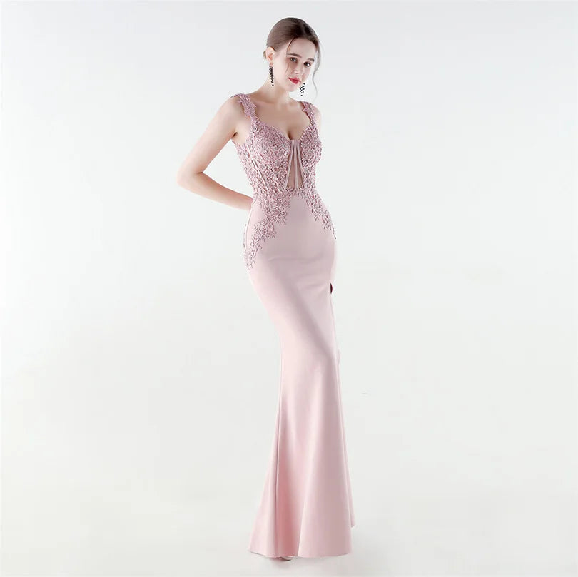 10 Colors Women's Sexy Slit Evening Dress with Appliques Soft Satin Wedding Party Dresses Prom Gowns robe de soiree