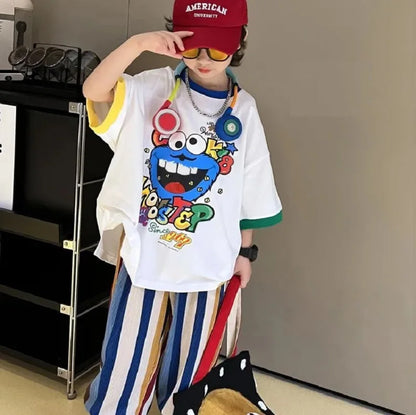 Summer Boys Cotton Contrast Cartoon T-Shirt Tops+Loose Colored Stripes Pant Set School Kids Tracksuit Child 2PCS Outfit 5-16 Yrs